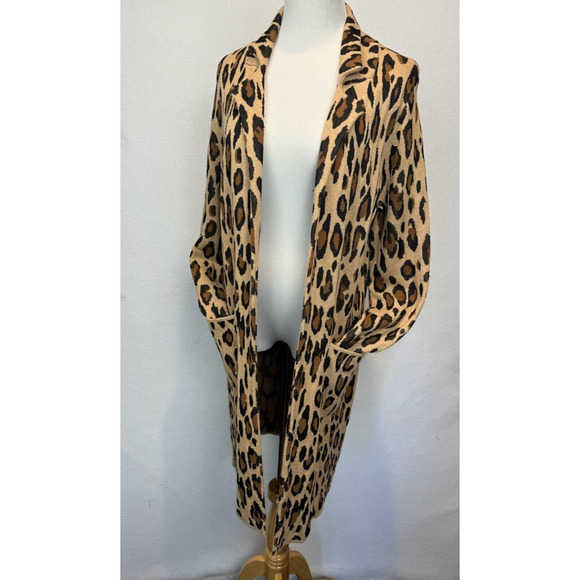Chico's Leopard Print Long Cardigan Sweater Duster Pockets Front Knit Sz 0 Small - Picture 9 of 11